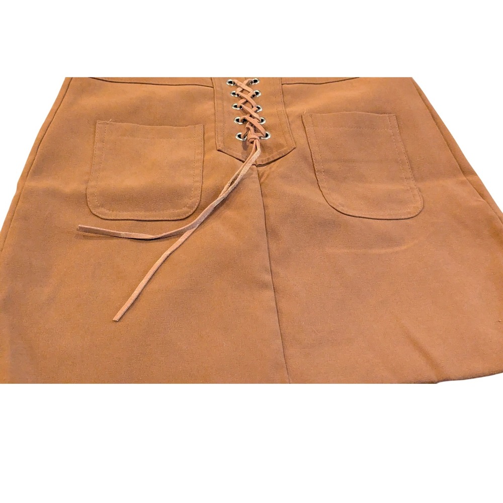 Lace Up Mini Skirt Pockets A Line Faux Suede Tan Mod Style‎ Medium